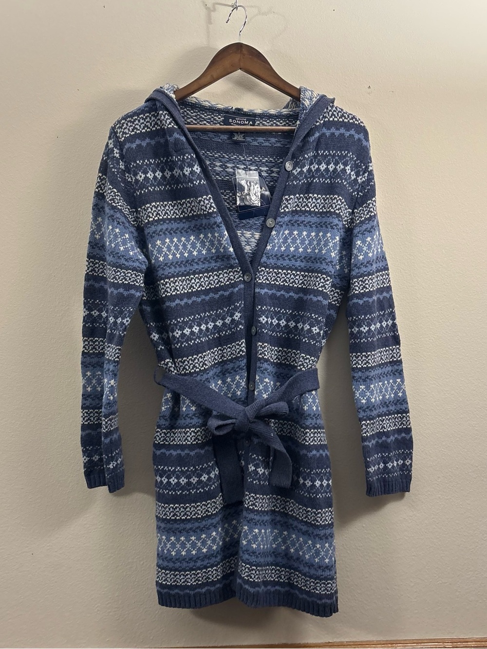 Sonoma Fair Isle-patterned longline hooded cardigan womens S winter ski chalet